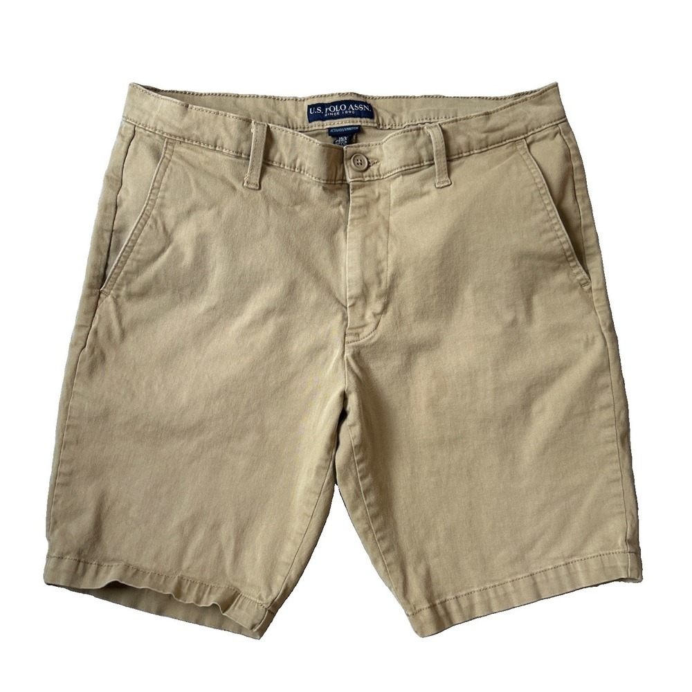 U.S. Polo Assn Mens Chino Shorts 34 Khaki Tan Stretch Flat Front Casual y2k